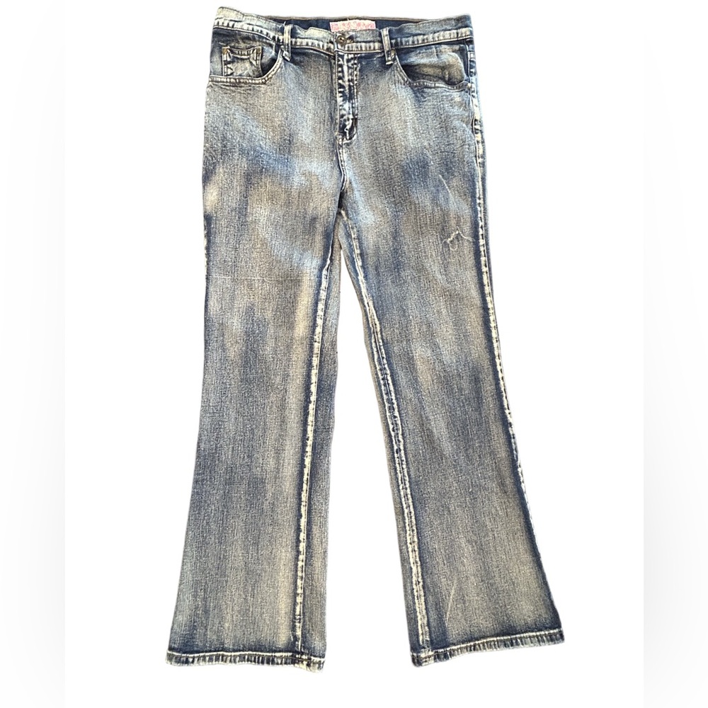 VTG Y2K Sassy Thai acid mud wash faded bohemian worn look flare leg jeans 12 REG